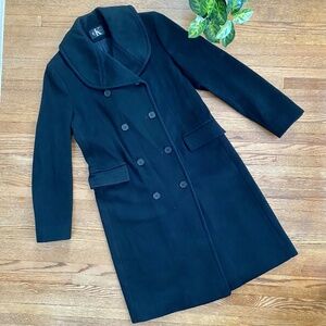 Vintage Calvin Klein Black Wool Coat | Classic Double-Breasted Longline Size 10